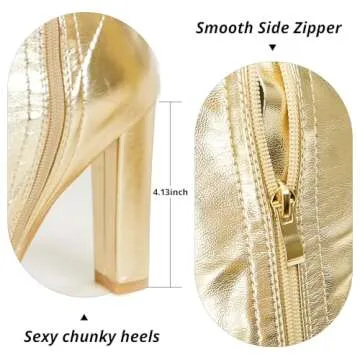 Wsheliu Gold Chunky Heel Pointed Toe Thigh High Boots for Women Over The Knee Boots Leather Side Zipper GOGO Boots Tall Boots Knee High Boots Thigh Boots Size 6