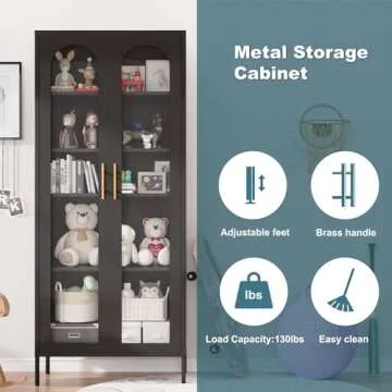 ZONLESON Storage Cabinet,71" Kitchen Pantry Cabinet with Glass Doors,Tall Display Curio Cabinet with Doors and Shelves,Black Cabinet for Dining Room,Pantry,Kitchen,Living Room,Metal Cabinet