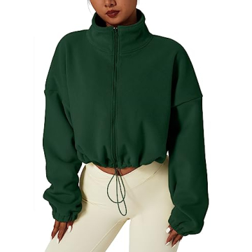 QINSEN Women's Full Zip Fleece Short Jacket Warm Winter Long Sleeve Stand Collar Sherpa Crop Coat Fo...