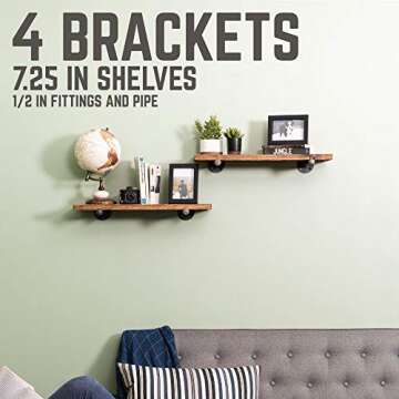Pipe DÉCOR Industrial Pipe Shelf Brackets 4 Pack, Authentic Plumbing Pipe & Fittings, Wall Mounted Double Flange Floating Shelves, Rustic Set for Vintage Shelving Decor (8 Inch)