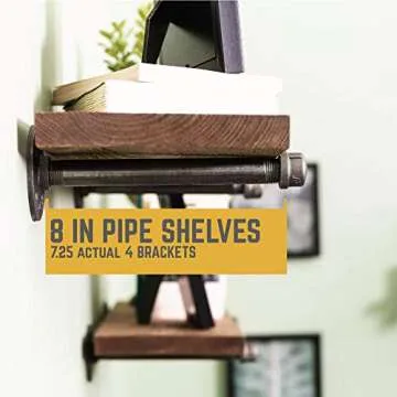Pipe DÉCOR Industrial Pipe Shelf Brackets 4 Pack, Authentic Plumbing Pipe & Fittings, Wall Mounted Double Flange Floating Shelves, Rustic Set for Vintage Shelving Decor (8 Inch)