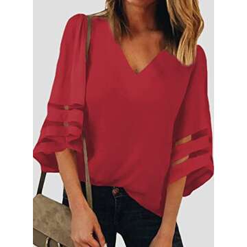 BLENCOT Womens Ladies Sexy V Neck 3 4 Sleeve Red Chiffon Blouse Shirt Solid Patchwork Loose Flowy Tops Large