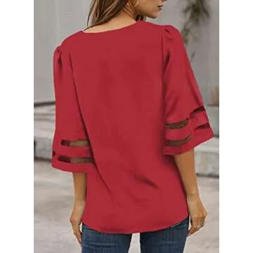 BLENCOT Womens Ladies Sexy V Neck 3 4 Sleeve Red Chiffon Blouse Shirt Solid Patchwork Loose Flowy Tops Large