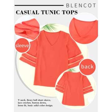 BLENCOT Womens Ladies Sexy V Neck 3 4 Sleeve Red Chiffon Blouse Shirt Solid Patchwork Loose Flowy Tops Large
