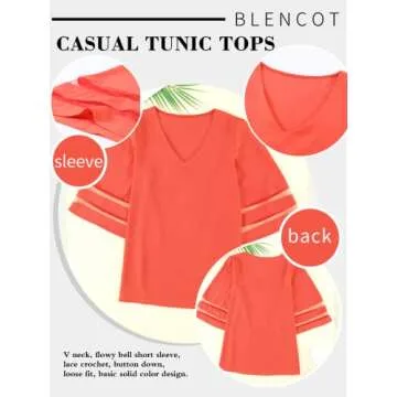 BLENCOT Womens Ladies Sexy V Neck 3 4 Sleeve Red Chiffon Blouse Shirt Solid Patchwork Loose Flowy Tops Large