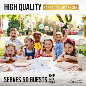 350 Pcs Ivory Disposable Plates For Party, Ivory Plastic Plates Set 50 Of Each 9" Ivory Plastic Dinner Plates, 7" Dessert Plates, Cups, Napkins & Cutlery Plastic Dinnerware Set Exquisite