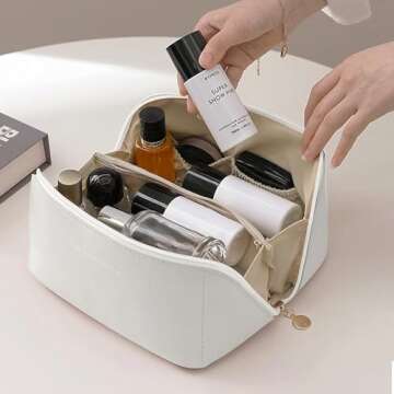 2022 New Travel Cosmetic Bag for Women?PU Leather Waterproof Portable with Handle and Divider?Hanging Travel Toiletry Bag Large Capacity Cosmetic (White)