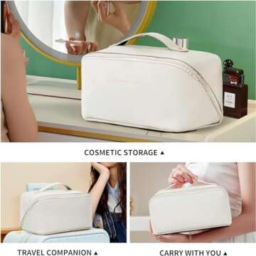 2022 New Travel Cosmetic Bag for Women?PU Leather Waterproof Portable with Handle and Divider?Hanging Travel Toiletry Bag Large Capacity Cosmetic (White)