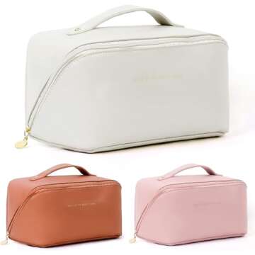 2022 New Travel Cosmetic Bag for Women?PU Leather Waterproof Portable with Handle and Divider?Hanging Travel Toiletry Bag Large Capacity Cosmetic (White)