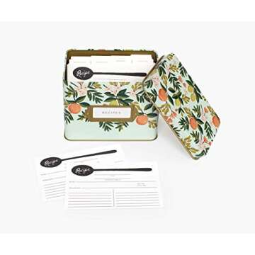 RIFLE PAPER CO. Citrus Floral Recipe Tin, Gold Metallic Interior, Gold-Framed Label On Front, Includes 24 recipe Cards and 12 Recipe Dividers, Bring Charm and Cheer Into Your Kitchen