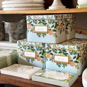 RIFLE PAPER CO. Citrus Floral Recipe Tin, Gold Metallic Interior, Gold-Framed Label On Front, Includes 24 recipe Cards and 12 Recipe Dividers, Bring Charm and Cheer Into Your Kitchen