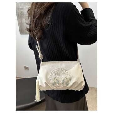OYOANGLE Women's Floral Embroidered Shoulder Bags Fringe Small Underarm Purse Handbags Elegant Crossbody Bag White One-Size