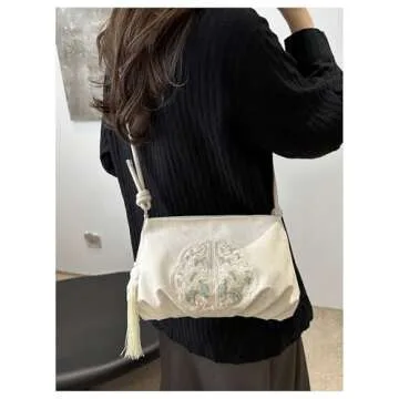 OYOANGLE Women's Floral Embroidered Shoulder Bags Fringe Small Underarm Purse Handbags Elegant Crossbody Bag White One-Size