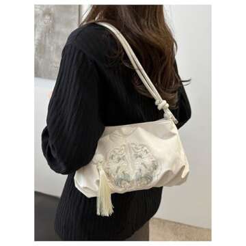 OYOANGLE Women's Floral Embroidered Shoulder Bags Fringe Small Underarm Purse Handbags Elegant Crossbody Bag White One-Size