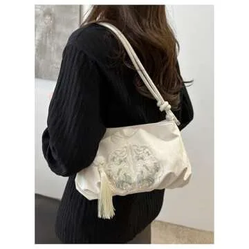 OYOANGLE Women's Floral Embroidered Shoulder Bags Fringe Small Underarm Purse Handbags Elegant Crossbody Bag White One-Size