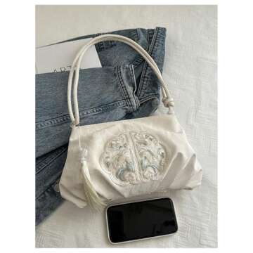 OYOANGLE Women's Floral Embroidered Shoulder Bags Fringe Small Underarm Purse Handbags Elegant Crossbody Bag White One-Size