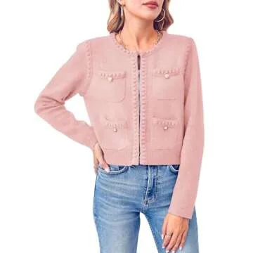 Esobo Womens Knit Cardigan Sweaters Open Front Long Sleeve Cropped Trendy Jacket Outerwear(Pink,Medium)