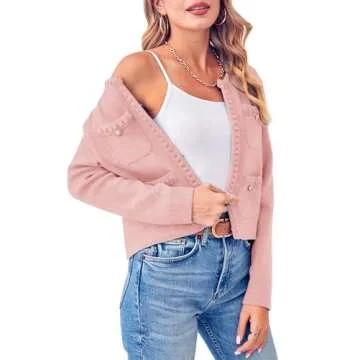 Esobo Womens Knit Cardigan Sweaters Open Front Long Sleeve Cropped Trendy Jacket Outerwear(Pink,Medium)
