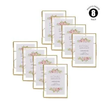 Koyal Wholesale Pressed Glass Floating Photo Frames 5 x 7 Frame, Gold 8-Pack with Stands Use Horizontal or Vertical