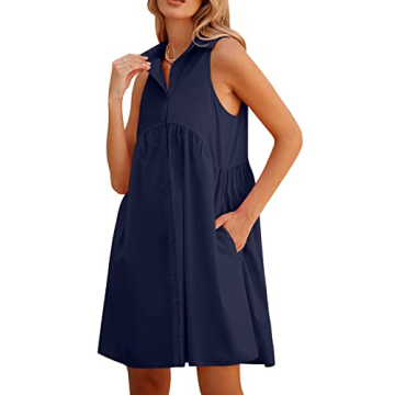 DEEP SELF Women Summer Collared Shirt Dress Casual Loose Button Down Short Dress V Neck Tunic Mini D...
