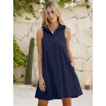 DEEP SELF Women Summer Collared Shirt Dress Casual Loose Button Down Short Dress V Neck Tunic Mini Dress with Pockets Dark Blue