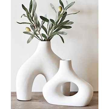 Set of 2 Minimalist Donut Vases - White Ceramic