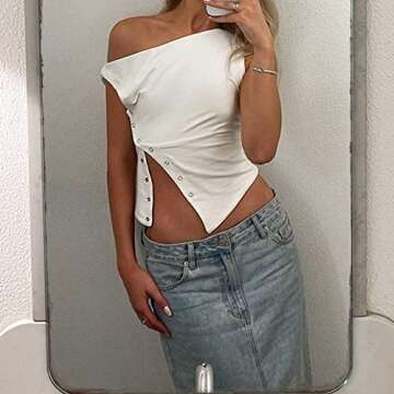 SAFRISIOR Women One Shoulder Button Sexy Crop Top Solid Sleeveless Off Shoulder Asymmetric Crop Tank...