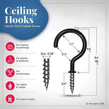 G GROCERS USA Vinyl Coated Ceiling Hooks - Multipurpose 2 Inches Hook and 0.9 Inches Screw for Hangi...