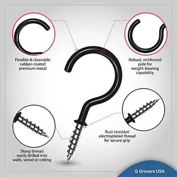 G GROCERS USA Vinyl Coated Ceiling Hooks - Multipurpose 2 Inches Hook and 0.9 Inches Screw for Hanging Plants, Cups, Utensils, Lights and Stuff (Black - 10 Pack, 2.9 inches)