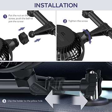 Retractable Portable Car Fans with 4 Speeds for Headrest and Rear Seat, Small Cooling Vehicle Air Fan, Quiet Operation, Rechargeable, Battery Operated,360 Degree Rotatable USB Fan for Baby, Puppy, SUV