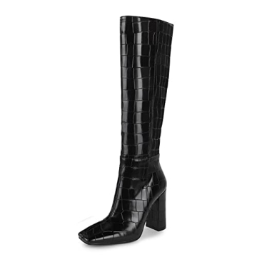 ISNOM Black Knee High Boots Women Stylish Comfortable