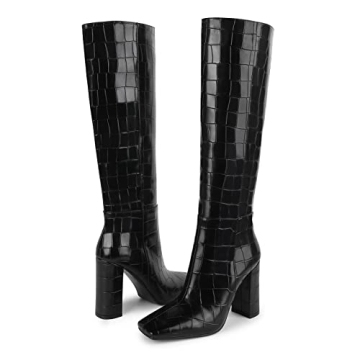 ISNOM Black Knee High Boots Women Stylish Comfortable