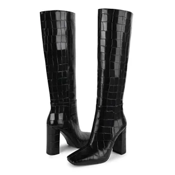 ISNOM Black Knee High Boots Women Stylish Comfortable