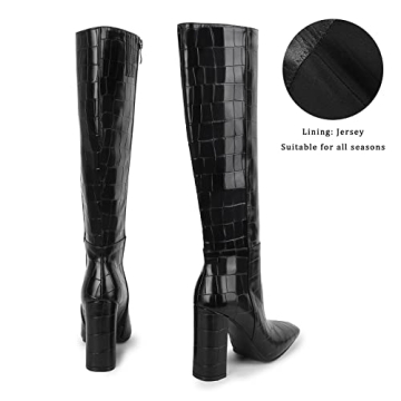 ISNOM Black Knee High Boots Women Stylish Comfortable
