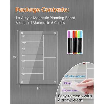 Organize Your Week with our Acrylic Magnetic Weekly Planner - Clear Dry Erase Board for Fridge, includes 6 Colorful Markers - Perfect for Meal Planning, to-Do Lists, and More! 13x9" (Classic White)