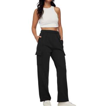 Trendy Queen Womens Cargo Sweatpants Wide Leg Baggy Fleece High Waisted Sweats Pants Winter Clothes with Pockets Black L
