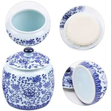 Traditional Chinoiserie Round Ginger Jars Blue and White Porcelain Series Ceramic Storage Jars with Sealed Lids,for Home/Kitchen/Dining Table Decoration (Peony Jar)