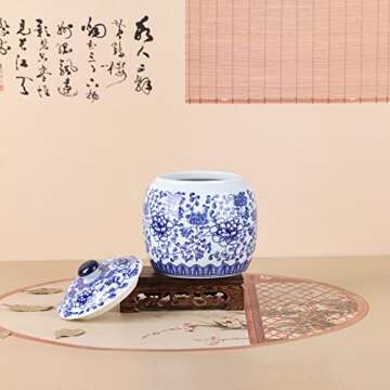 Traditional Chinoiserie Round Ginger Jars Blue and White Porcelain Series Ceramic Storage Jars with Sealed Lids,for Home/Kitchen/Dining Table Decoration (Peony Jar)