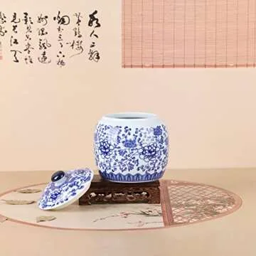 Traditional Chinoiserie Round Ginger Jars Blue and White Porcelain Series Ceramic Storage Jars with Sealed Lids,for Home/Kitchen/Dining Table Decoration (Peony Jar)