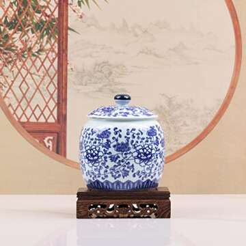 Traditional Chinoiserie Round Ginger Jars Blue and White Porcelain Series Ceramic Storage Jars with Sealed Lids,for Home/Kitchen/Dining Table Decoration (Peony Jar)