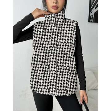 Zeagoo Women Puffer Vest Lightweight Stand Collar Sleeveless Winter Warm Zip Up Padded Outerwear Jackets with Pockets Black White Plaid M