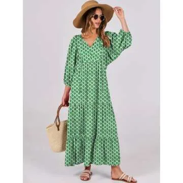 ANRABESS Womens Boho Maxi Dresses 2025 Summer V Neck Puff Sleeve Floral Flowy Swing Casual Long Dres...