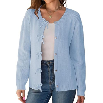 kipfall Women's Cardigan Sweaters Bow Button Down Cardigans Fall Fashion Clothes Knit Tie Open Front Coats SkyBlue