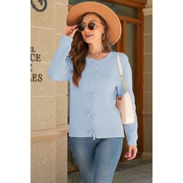kipfall Women's Cardigan Sweaters Bow Button Down Cardigans Fall Fashion Clothes Knit Tie Open Front Coats SkyBlue