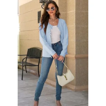 kipfall Women's Cardigan Sweaters Bow Button Down Cardigans Fall Fashion Clothes Knit Tie Open Front Coats SkyBlue