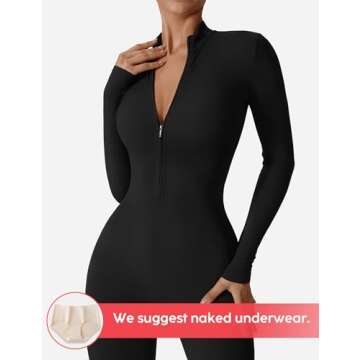 YEOREO Women Long Sleeve Workout Jumpsuit Zip Up Romper Bottom Pants Bodysuit Bodycon Sexy One Piece Black M