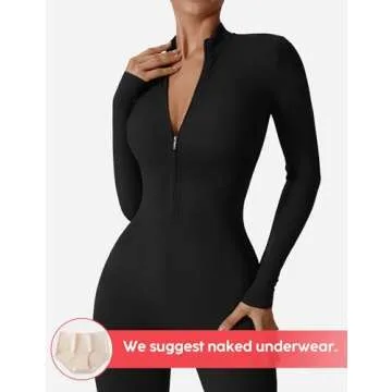 YEOREO Women Long Sleeve Workout Jumpsuit Zip Up Romper Bottom Pants Bodysuit Bodycon Sexy One Piece Black M
