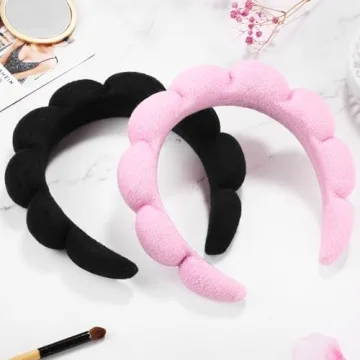 Spa Headbands for Washing Face or Facial, Set of 2 Skincare Headbands, Terry Cloth Headband Combo Pack - Puffy Makeup Headbands for Face Washing, Mask, Skin Treatment (Pink & Black)