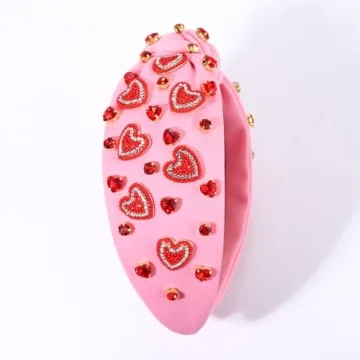 NVENF Hairband, Valentine's Day Headband for Women with Love Heart and Crystal, Red, Pink, Wide Top Knot Headband, Hair Accessories, Party Gifts