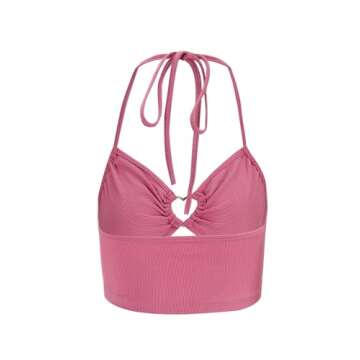 MakeMeChic Women's Halter Tie Backless Cut Out Ribbed Knit Summer Crop Cami Tops A Pink Large